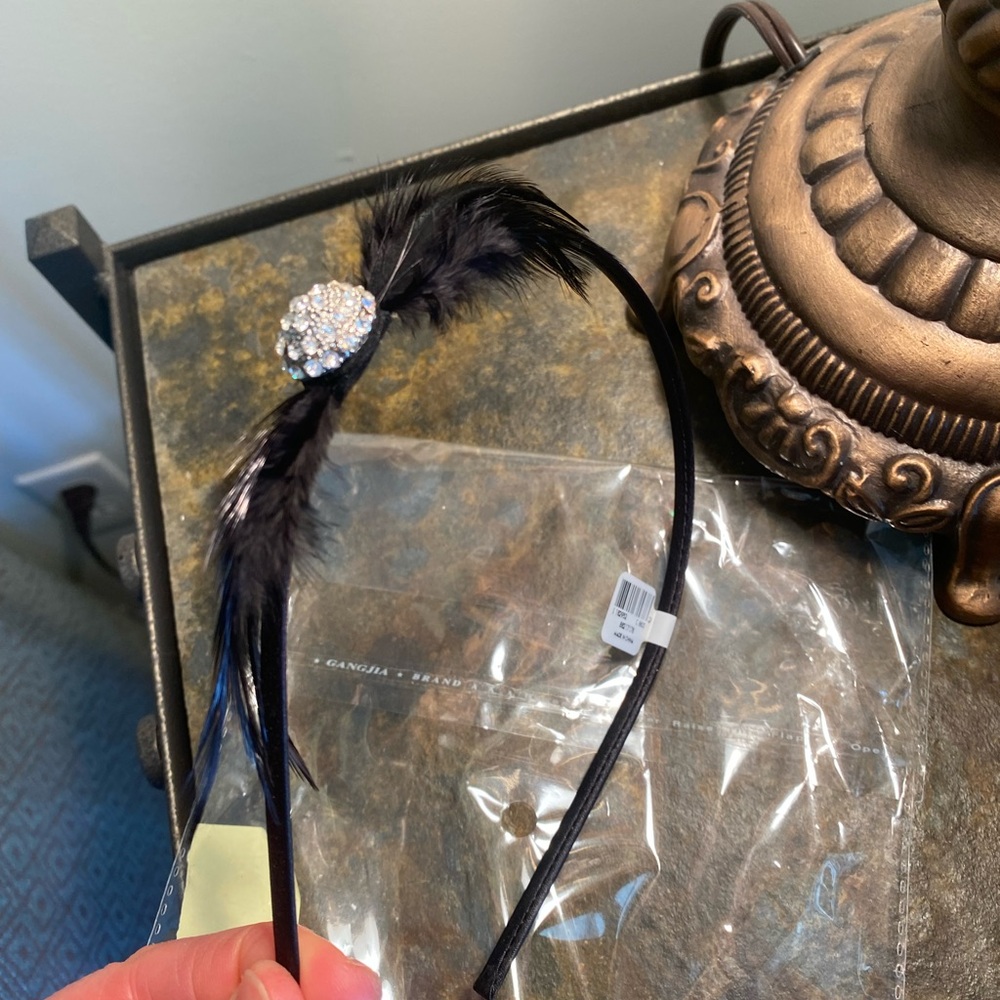 Anne Taylor Black headband with feathers & silver rhinestone emblem NWT